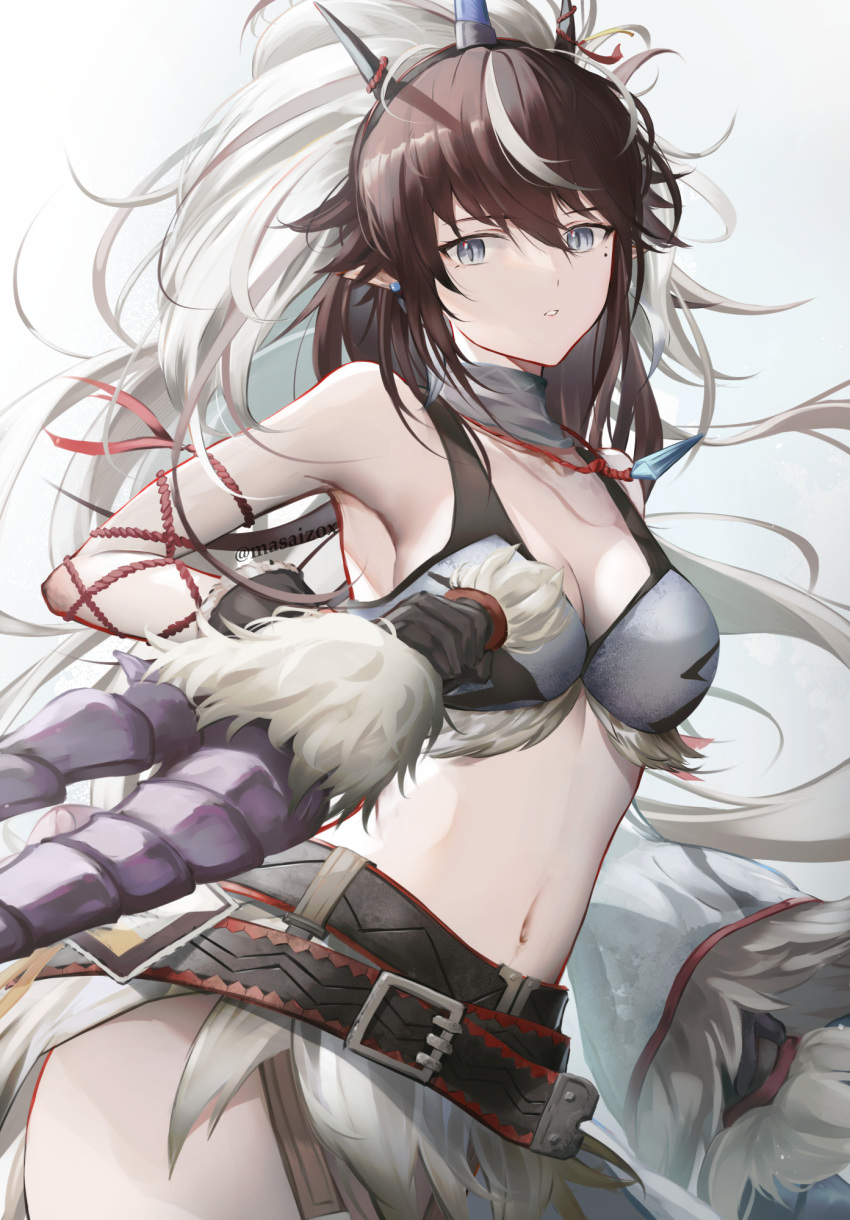 arknights bare_shoulders belt black_belt black_hair blue_eyes breasts cleavage commentary_request crop_top female fur_trim hair_between_eyes highres holding holding_weapon horns kirin_(armor) kirin_r_yato_(arknights) large_breasts masai_no_senshi midriff mole mole_under_eye monster_hunter_(series) navel reverse_grip solo stomach weapon yato_(arknights)