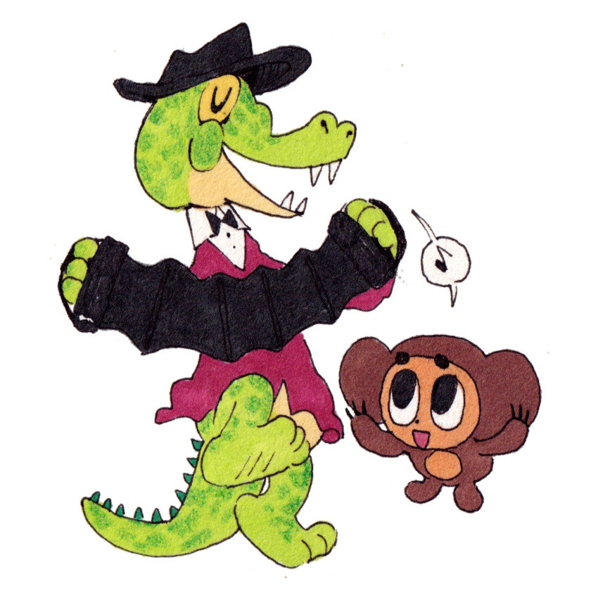 1:1 accordion anthro apple_toast big_ears big_eyes black_clothing black_hat black_headwear brown_body brown_fur cheburashka cheburashka_(character) claws closed_eyes clothing crocodile crocodilian crocodylid dancing duo fangs fur hat headgear headwear hi_res intersex intersex/male krokodil_gena male mammal marsupial musical_instrument open_mouth reptile ribbons scales scalie teeth uniform