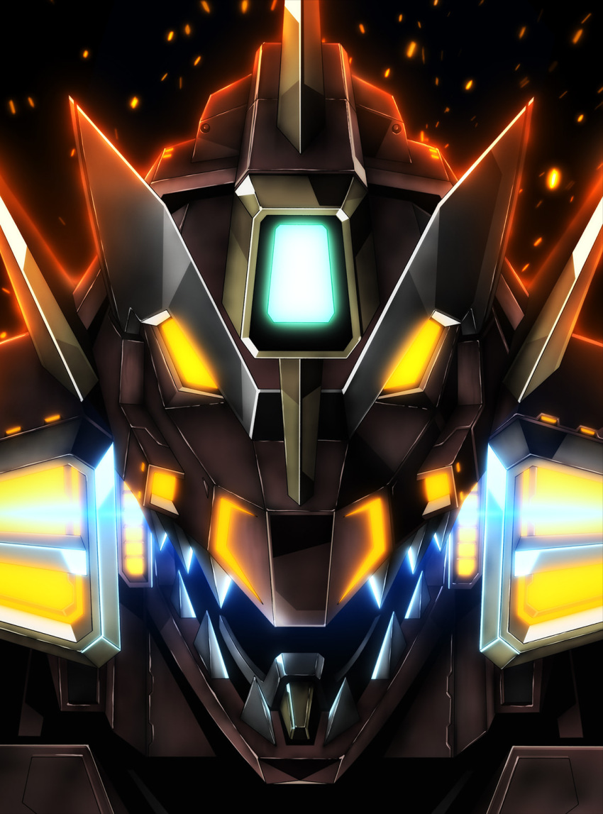 backlighting black_background close-up dynarex dynazenon_(character) embers glowing glowing_eyes gridman_universe highres key_visual looking_at_viewer mecha mutaguchi_hiroki no_humans official_art promotional_art robot sharp_teeth ssss.dynazenon teeth upper_body yellow_eyes