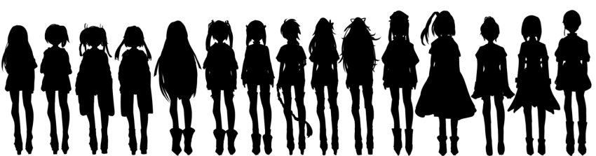 6+girls akagi_(kancolle) amagi_(kancolle) aquila_(kancolle) ark_royal_(kancolle) bad_id bad_pixiv_id bob_cut braid commentary_request graf_zeppelin_(kancolle) greyscale hair_ribbon headband headgear high_side_ponytail hiryuu_(kancolle) intrepid_(kancolle) kaga_(kancolle) kantai_collection katsuragi_(kancolle) kouga_(mutsumi) long_hair monochrome multiple_girls ponytail ribbon saratoga_(kancolle) short_hair shoukaku_(kancolle) side_ponytail silhouette simple_background single_braid souryuu_(kancolle) taihou_(kancolle) twintails unryuu_(kancolle) very_long_hair zuikaku_(kancolle)