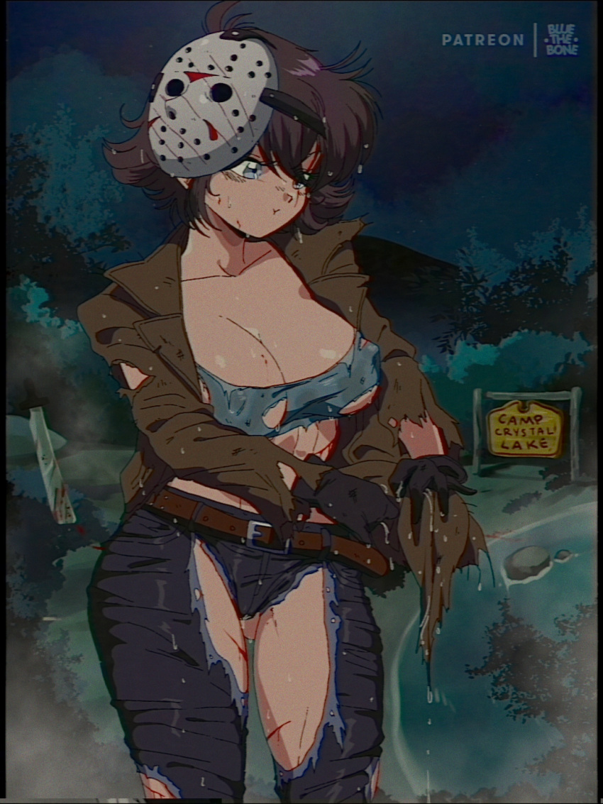 :t artist_name belt bishoujo_terror black_gloves blood blood_on_weapon blue_eyes bluethebone borrowed_design breasts brown_hair cleavage collarbone commentary cuts english_commentary english_text female friday_the_13th genderswap_(mtf) gloves grey_eyes highres hockey_mask injury jacket jason_voorhees jason_voorhees_(kotobukiya_bishoujo) kotobukiya_bishoujo large_breasts looking_away machete mask mask_on_head night outdoors pants patreon_username pout retro_artstyle rule_63 short_hair sign solo torn_clothes torn_jacket torn_pants water weapon wet wet_clothes wringing_clothes