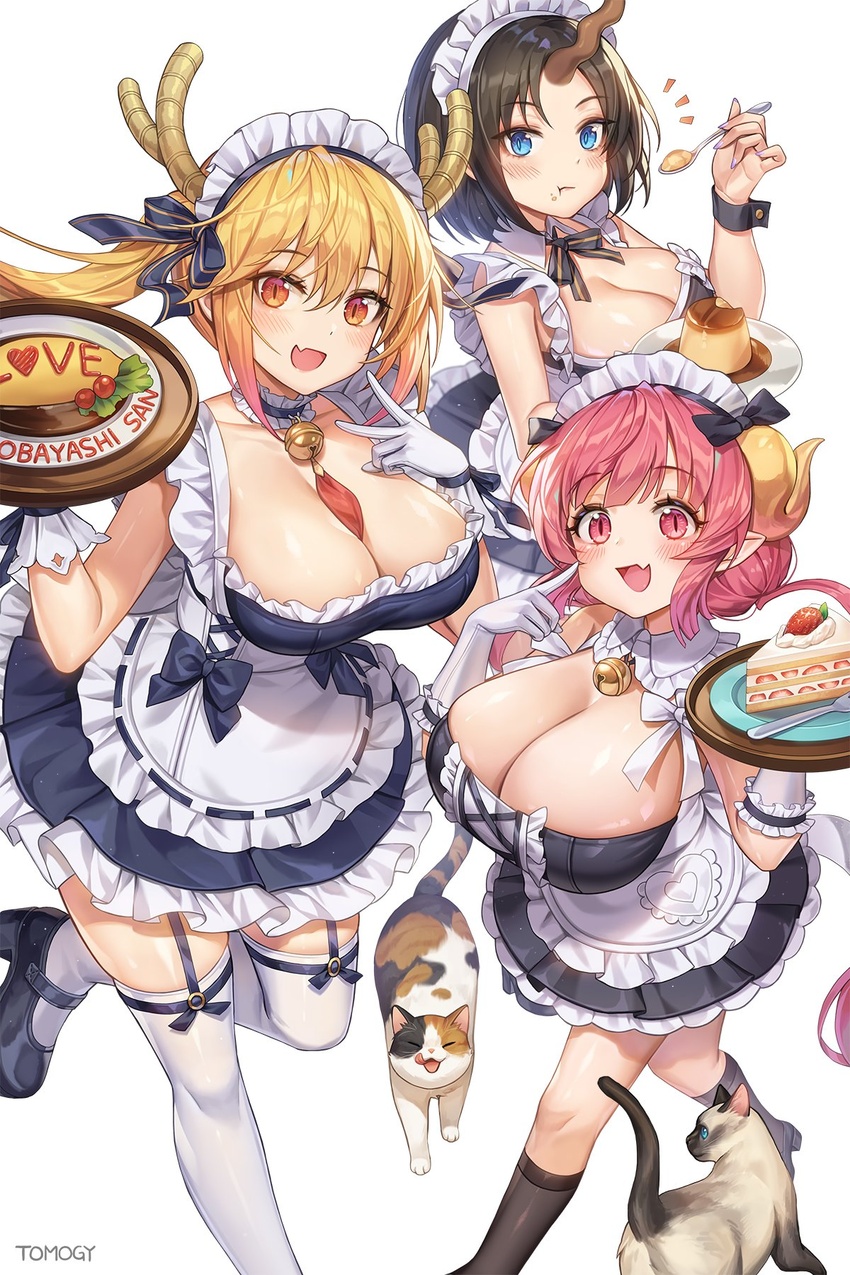 2:3 animal_humanoid bell big_breasts blush breasts cake choker cleavage clothed clothing dessert domestic_cat dragon dragon_humanoid elma_(dragon_maid) felid feline felis female feral flan food gloves group handwear hi_res horn horned_humanoid humanoid humanoid_focus humanoid_pointy_ears ilulu jewelry looking_at_viewer maid_headdress maid_uniform mammal miss_kobayashi's_dragon_maid mythological_creature mythological_scalie mythology necklace not_furry_focus scalie tail tohru_(dragon_maid) tomogy twintails_(hairstyle) uniform