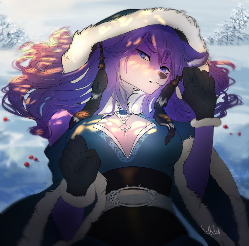 anthro blue_eyes breasts canid canine canis clothing cold conditional_dnp dress eyebrows female frost fur hair hi_res long_hair lucia_(grey_wolf_570) mammal purple_body purple_fur purple_hair sadbitch snow solo white_body white_fur wolf