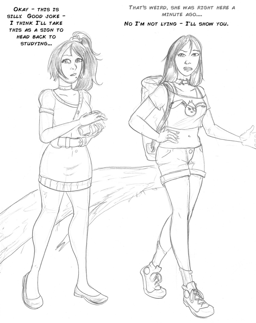 2023 anthro arania bottomwear breasts clothed clothing dialogue duo english_text eveleen_(tcitw) female footwear hi_res human human_only mammal midriff monochrome navel not_furry outside shoes shorts suki_(tcitw) text the_cabin_in_the_woods_(arania)