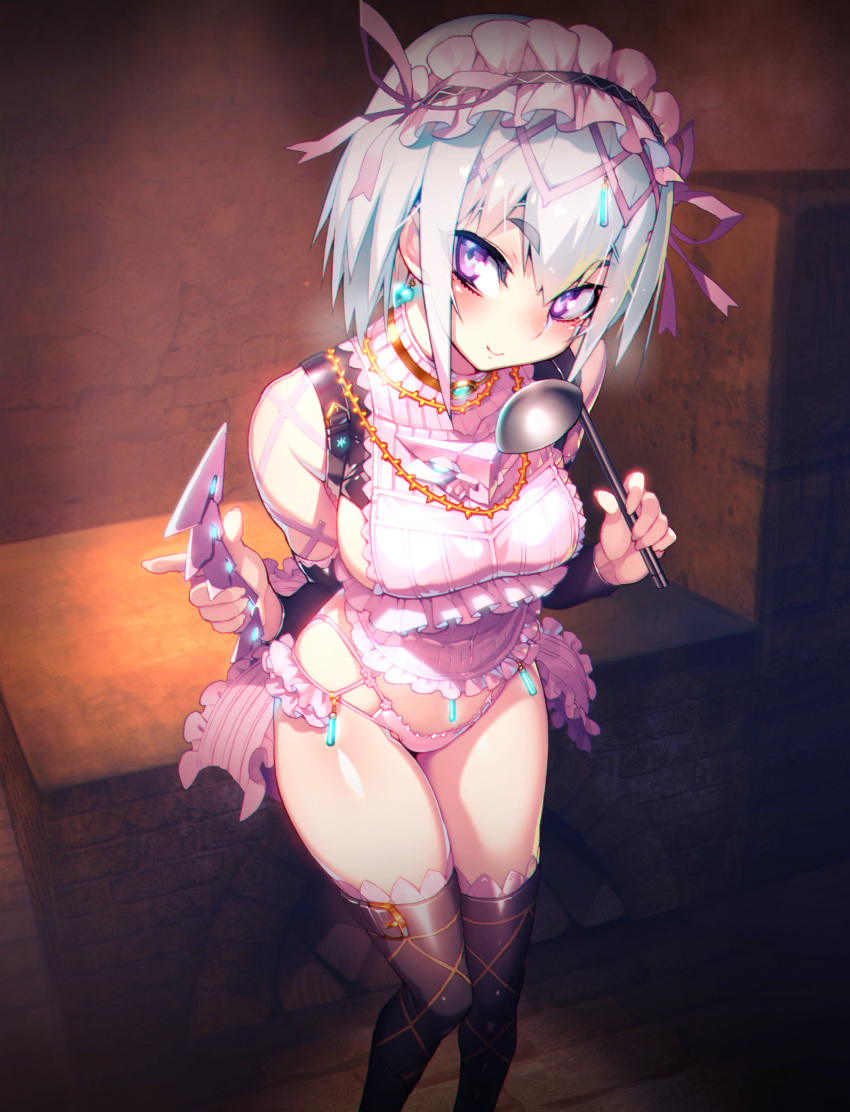 absurdres black_thighhighs blush breasts breath chaika_bogdan fantasia_re:build female hair_between_eyes hairband highres hitsugi_no_chaika holding holding_ladle holding_own_tail jewelry ladle lolita_hairband mechanical_tail namaniku_atk necklace official_art panties pink_panties purple_eyes short_hair sideboob smile solo tail thighhighs thighs third-party_source underwear