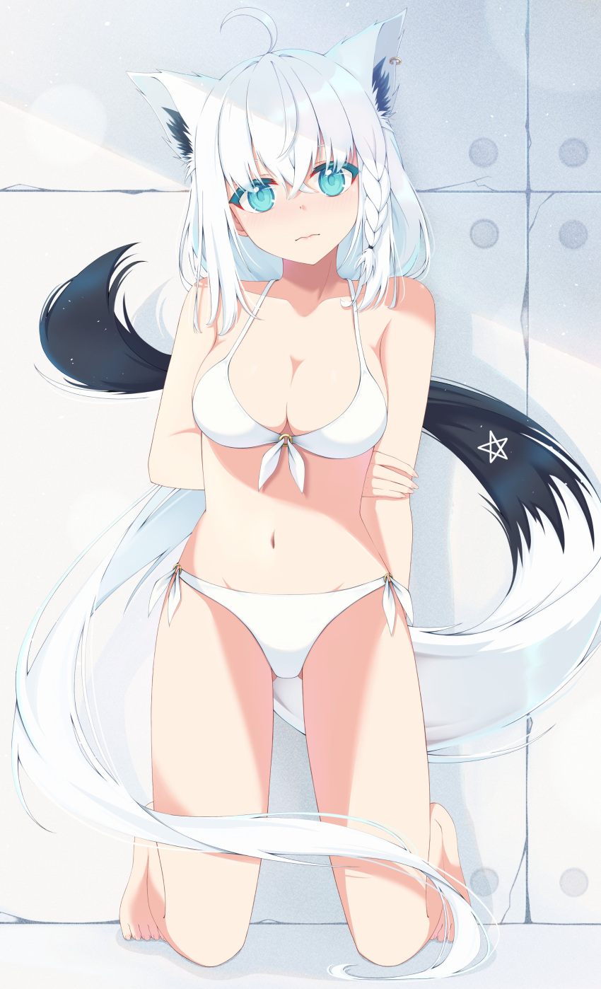 absurdres ahoge animal_ear_fluff animal_ears arm_behind_back bikini blush braid breasts cleavage commentary_request earrings female fox_ears fox_girl fox_tail green_eyes hair_between_eyes highres hololive jewelry kneeling long_hair looking_at_viewer medium_breasts mira_bluesky3 pentagram shirakami_fubuki sidelocks single_braid solo swimsuit tail very_long_hair virtual_youtuber wall white_bikini white_hair