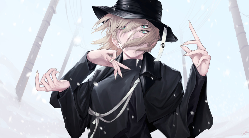 black_capelet black_hat black_shirt blonde_hair blue_eyes capelet commentary english_commentary extra_arms extra_eyes female floating_hair hair_between_eyes hair_over_mouth hands_up hat highres joki_yoh long_sleeves looking_at_viewer medium_hair original shirt solo upper_body utility_pole