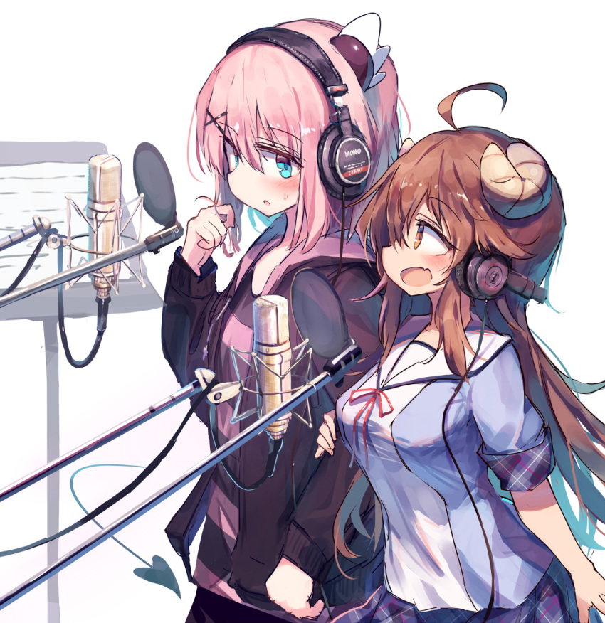 2girls ahoge beize_(garbage) blush brown_eyes brown_hair chiyoda_momo commentary_request demon_girl demon_horns demon_tail hair_ornament hairclip headphones highres horns long_hair machikado_mazoku microphone microphone_stand multiple_girls open_mouth pink_hair playing_with_own_hair recording_studio school_uniform short_hair simple_background skirt smile studio_microphone sweat tail white_background yoshida_yuuko_(machikado_mazoku)