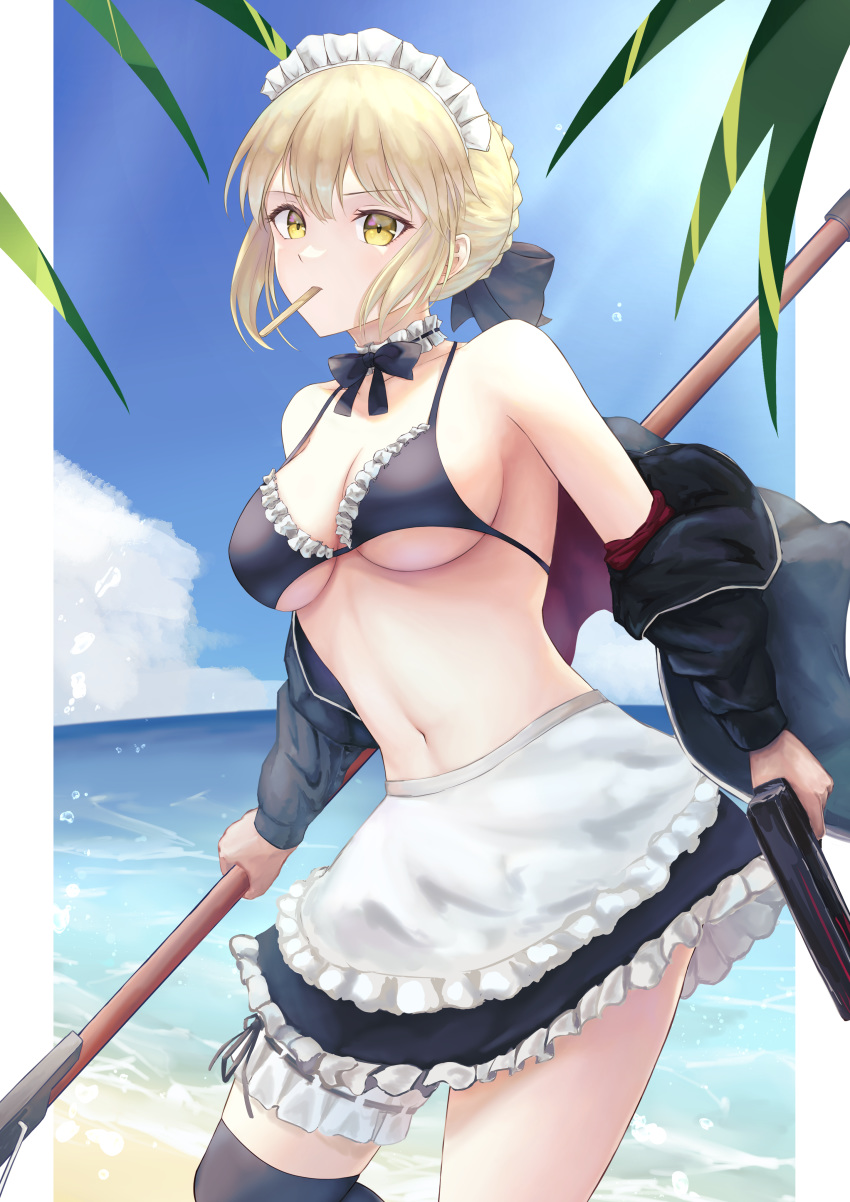 absurdres apron artoria_pendragon_(alter_swimsuit_rider)_(fate) artoria_pendragon_(alter_swimsuit_rider)_(second_ascension)_(fate) artoria_pendragon_(fate) asymmetrical_legwear beach bikini bikini_top_only black_bikini black_bow black_skirt black_thighhighs blonde_hair blue_sky bow braid braided_bun breasts bridal_garter choker cleavage collarbone day fate/grand_order fate_(series) female frilled_apron frilled_bikini frilled_skirt frills gun hair_bun hairbow highres holding holding_gun holding_weapon looking_at_viewer maid maid_bikini maid_headdress miniskirt mouth_hold navel ocean okuma707 outdoors short_hair sideboob single_thighhigh skirt sky solo standing swimsuit thighhighs unconventional_maid underboob uneven_legwear waist_apron weapon white_apron yellow_eyes