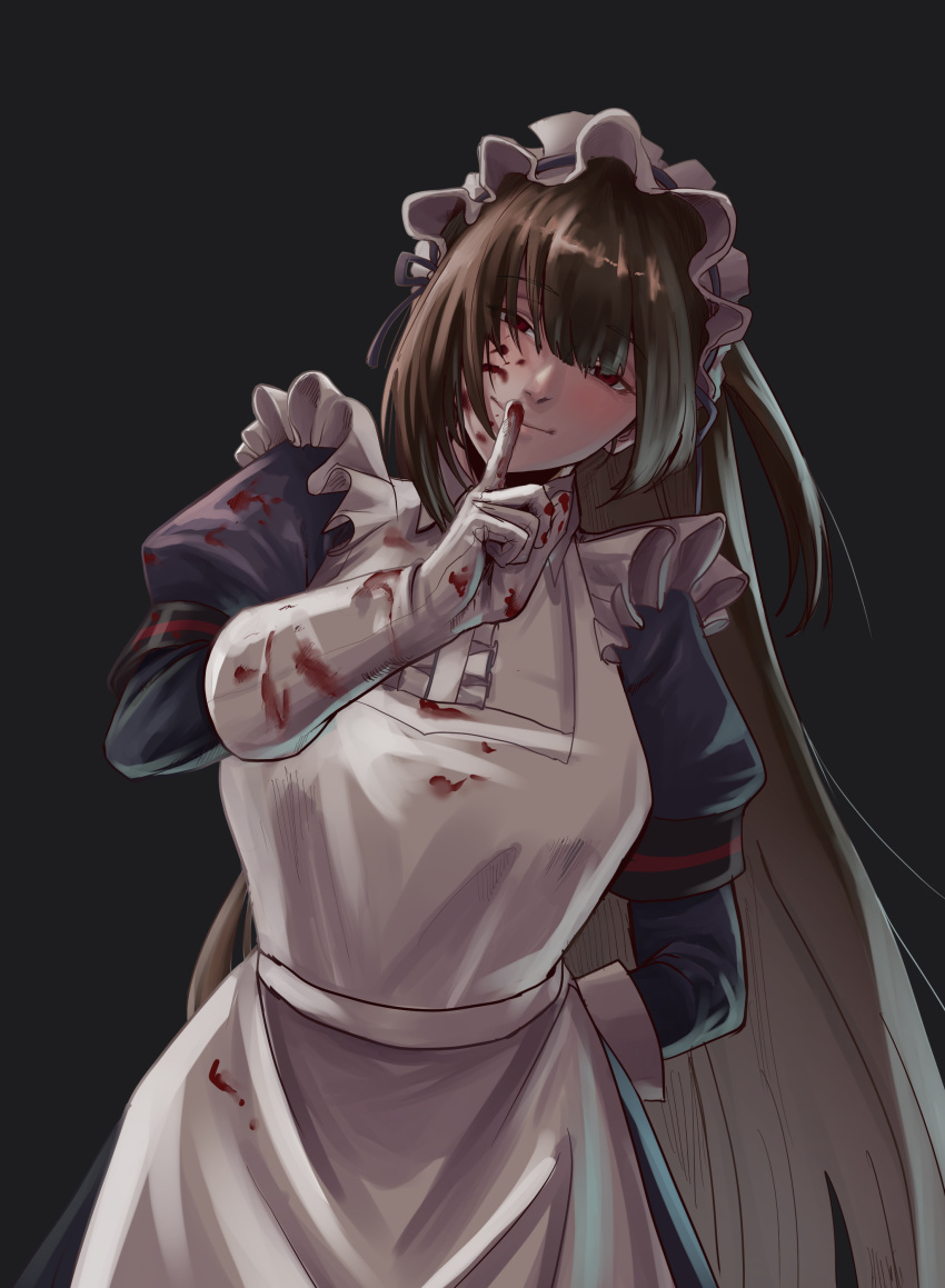 absurdres apron blood blood_on_clothes blood_on_face blood_splatter commentary_request dryseaweed female finger_to_mouth gloves highres korean_commentary last_origin long_hair looking_at_viewer maid maid_apron maid_headdress purple_hair red_eyes scissors_lise solo white_apron white_gloves yandere