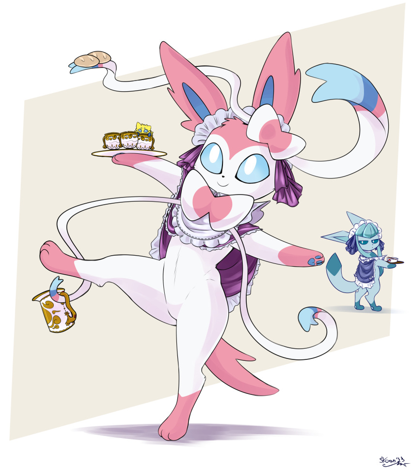 absurd_res ambiguous_gender anthro bottomless bottomless_anthro clothed clothing conditional_dnp dainty digitigrade eeveelution featureless_crotch feet feral generation_4_pokemon generation_5_pokemon generation_6_pokemon glaceon hi_res joltik maid_uniform nintendo pawpads paws pokemon pokemon_(species) pokemon_unite raised_leg skoon sylveon tea_party_style_glaceon toes uniform