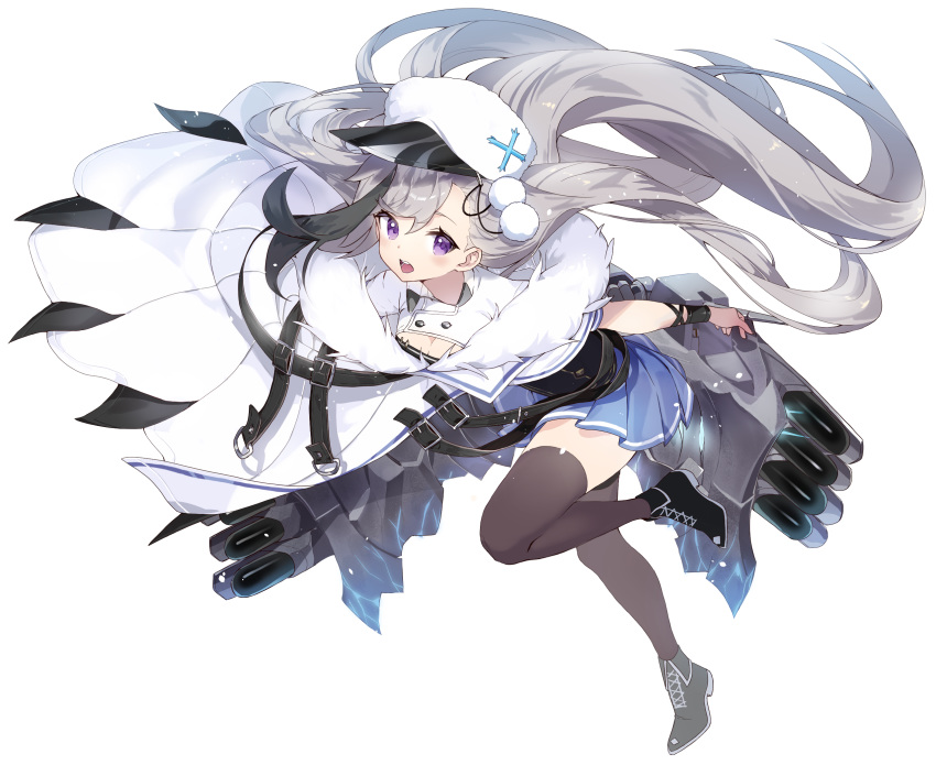 azur_lane black_footwear black_gloves black_hair black_thighhighs blue_skirt boots breasts cleavage cloak coat_dress commentary cross female full_body fur-trimmed_cloak fur_trim gloves grey_hair hat highres kirari_(kira_rin9) long_hair looking_at_viewer medium_breasts minsk_(azur_lane) multicolored_hair open_mouth peaked_cap pleated_skirt pom_pom_(cheerleading) purple_eyes shirt simple_background skirt smile solo streaked_hair thighhighs torpedo_tubes very_long_hair white_background white_shirt