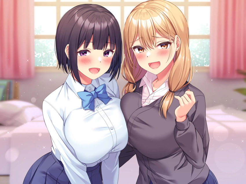 2girls :d bed bed_sheet bedroom black_hair black_sweater blonde_hair blue_skirt blurry blurry_background blush breast_press breasts brown_eyes collared_shirt highres indoors large_breasts looking_at_viewer multiple_girls non-web_source open_mouth original pillow pleated_skirt purple_eyes school_uniform shirt skirt smile super_nagoyaka sweater upper_body white_shirt window