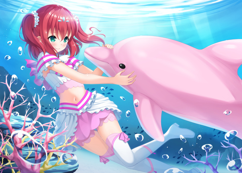 7fuji_06 air_bubble blush boots bubble coral crop_top dolphin female fish green_eyes highres koi_ni_naritai_aquarium kurosawa_ruby layered_shirt layered_skirt light_rays long_hair looking_at_animal love_live! love_live!_sunshine!! midriff navel ocean petting red_hair short_sleeves skirt smile solo sunlight thigh_boots two_side_up underwater