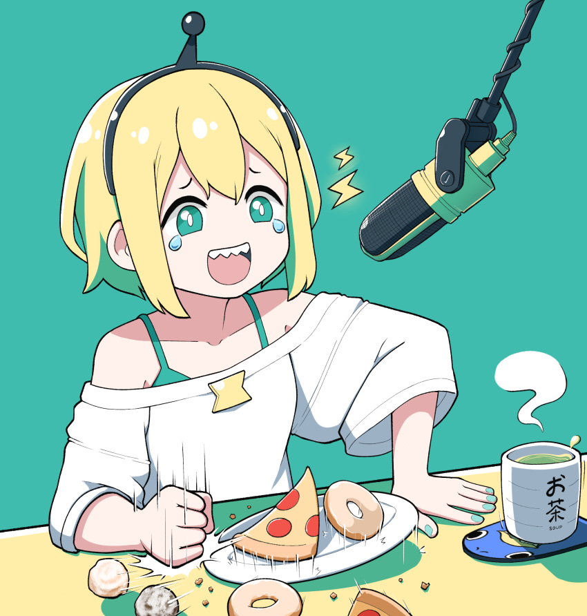 :d amano_pikamee aqua_camisole black_hairband blonde_hair bright_pupils camisole commentary doughnut english_commentary female fingernails food green_background green_eyes green_hair green_nails gyari_(bird) hairband happy_tears highres jacy laughing long_sleeves microphone multicolored_hair nail_polish open_mouth pizza plate punching sharp_teeth short_hair simple_background smile solo spaghetti_strap steam sweater tears teeth two-tone_hair underwear virtual_youtuber voms white_sweater wide_sleeves