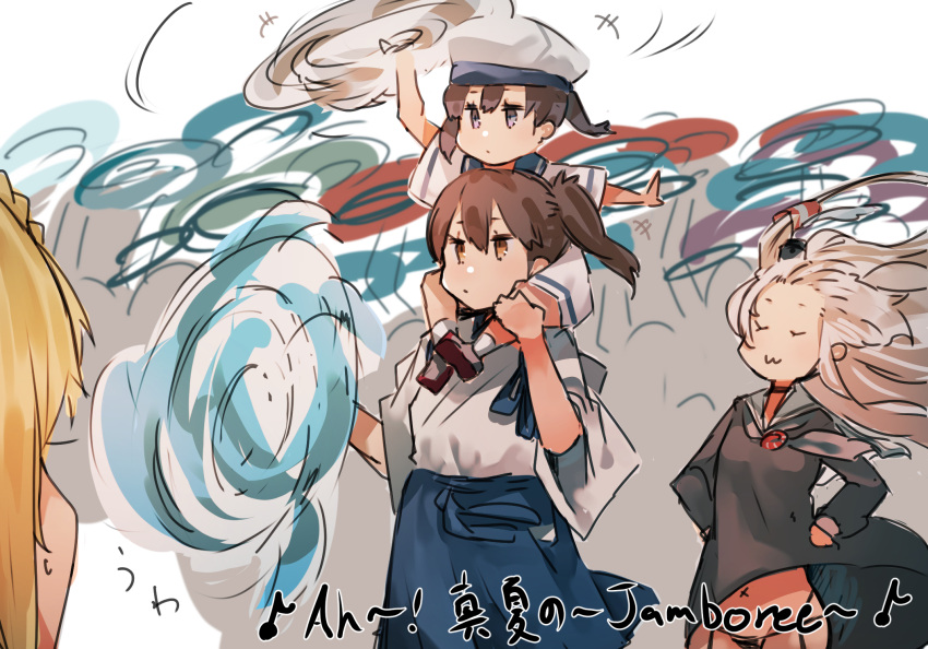 3girls :3 amatsukaze_(kancolle) black_dress black_hair black_panties blue_collar blue_hakama carrying closed_eyes collar dress grey_hair grey_neckerchief hair_tubes hakama hakama_short_skirt hakama_skirt hands_on_own_hips hat highres japanese_clothes kaga_(kancolle) kantai_collection long_hair medium_hair motion_blur multiple_girls neckerchief panties sailor_dress sailor_hat short_hair short_sleeves shoulder_carry shounan_(kancolle) side_ponytail skirt spinning sunday_aki twintails underwear white_dress white_headwear x_navel