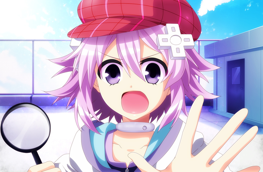 absurdres cabbie_hat commentary d-pad d-pad_hair_ornament english_commentary female hair_ornament hat highres looking_at_viewer magnifying_glass neptune_(neptunia) neptune_(series) open_mouth planeptune purple_hair short_hair solo