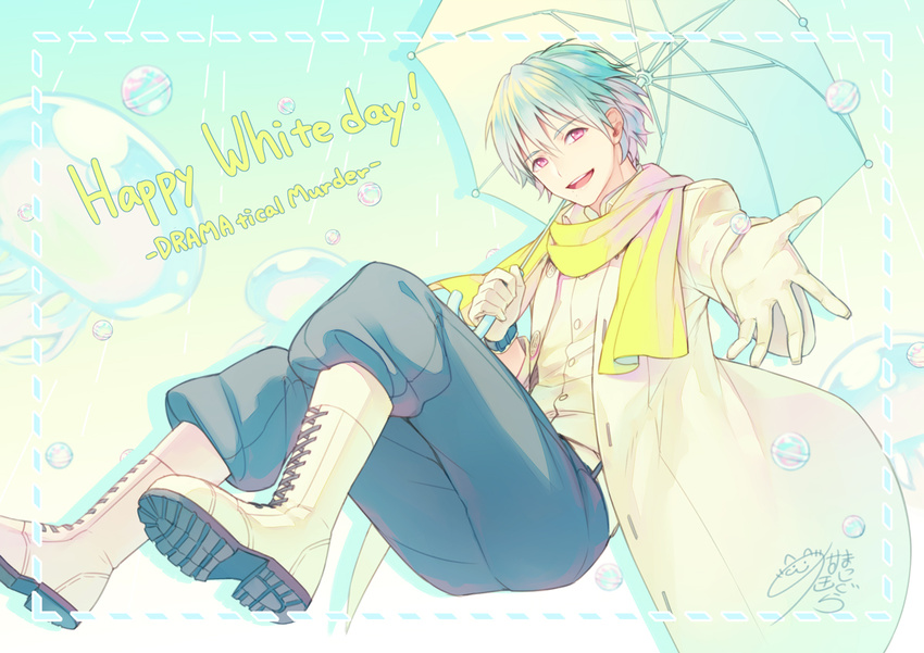 1boy blue_background boots bubble clear_(dramatical_murder) copyright_name cross-laced_footwear dotted_line dramatical_murder gloves jellyfish lace-up_boots male_focus nekokan_masshigura nitro+_chiral open_mouth outstretched_hand pink_eyes scarf signature simple_background smile solo umbrella white_day white_footwear white_gloves white_hair yellow_scarf