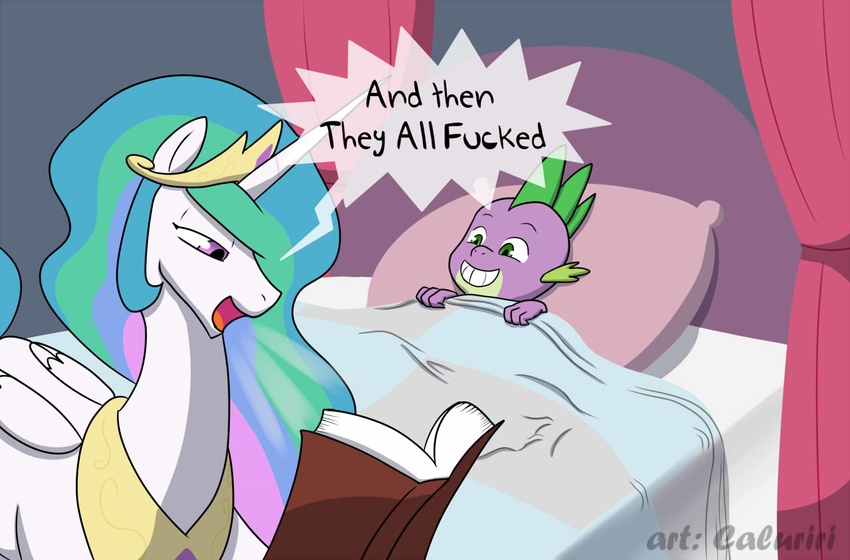 2016 alicorn and_then_they_all_fucked book caluriri dragon duo english_text equid equine feathered_wings feathers female feral friendship_is_magic hasbro horn male mammal my_little_pony mythological_creature mythological_equine mythological_scalie mythology princess_celestia_(mlp) profanity reading scalie smile spike_(mlp) text white_body white_feathers wings