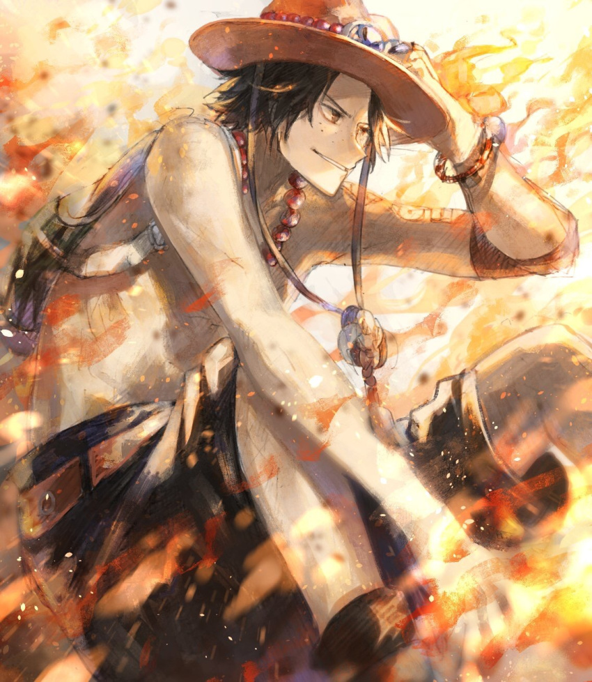 1boy backpack bag black_eyes black_shorts boots bracelet brown_eyes brown_footwear commentary fire freckles grin hat highres jewelry male_focus on_ground one_piece portgas_d._ace shorts sitting smile solo tsugutoku yellow_background