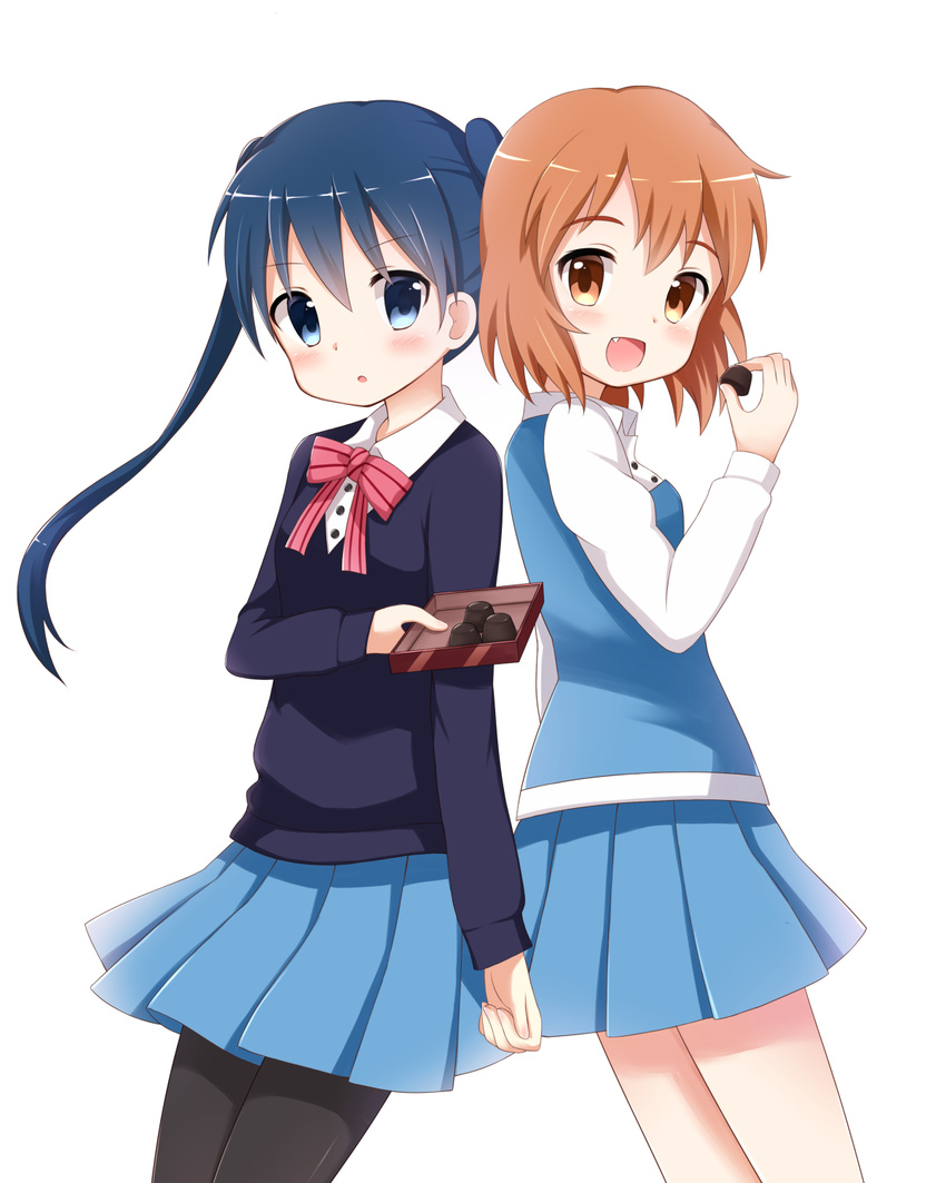 2girls :d :o black_pantyhose blue_eyes blue_hair blue_skirt blush bow bowtie brown_hair chocolate commentary_request highres inokuma_youko kin-iro_mosaic komichi_aya long_hair long_sleeves looking_at_viewer moegi_high_school_uniform multiple_girls oerba_yun_fang open_mouth pantyhose red_eyes red_hair school_uniform short_hair simple_background skirt smile striped_bow striped_bowtie striped_clothes thighhighs twintails white_background yuri yuyumi_(yuurei)