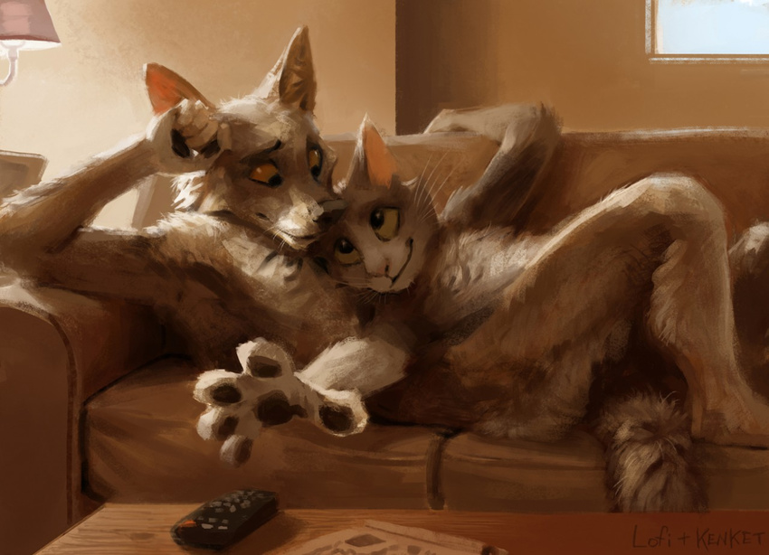 2015 5_fingers ambiguous_gender anthro black_lips black_nose canid canine canis controller domestic_cat duo eye_contact felid feline felis fingers fluffy fluffy_tail fur furniture grey_body grey_fur handpaw hax_(artist) inside jackal kenket lamp lips lofi long_mouth looking_at_another looking_down looking_up lying mammal no_sclera nude on_back orange_eyes pawpads paws pink_nose reaching remote_control romantic romantic_ambiance romantic_couple shaded side_view slice_of_life smile snout sofa table tail tv_remote whiskers white_body white_fur yellow_eyes