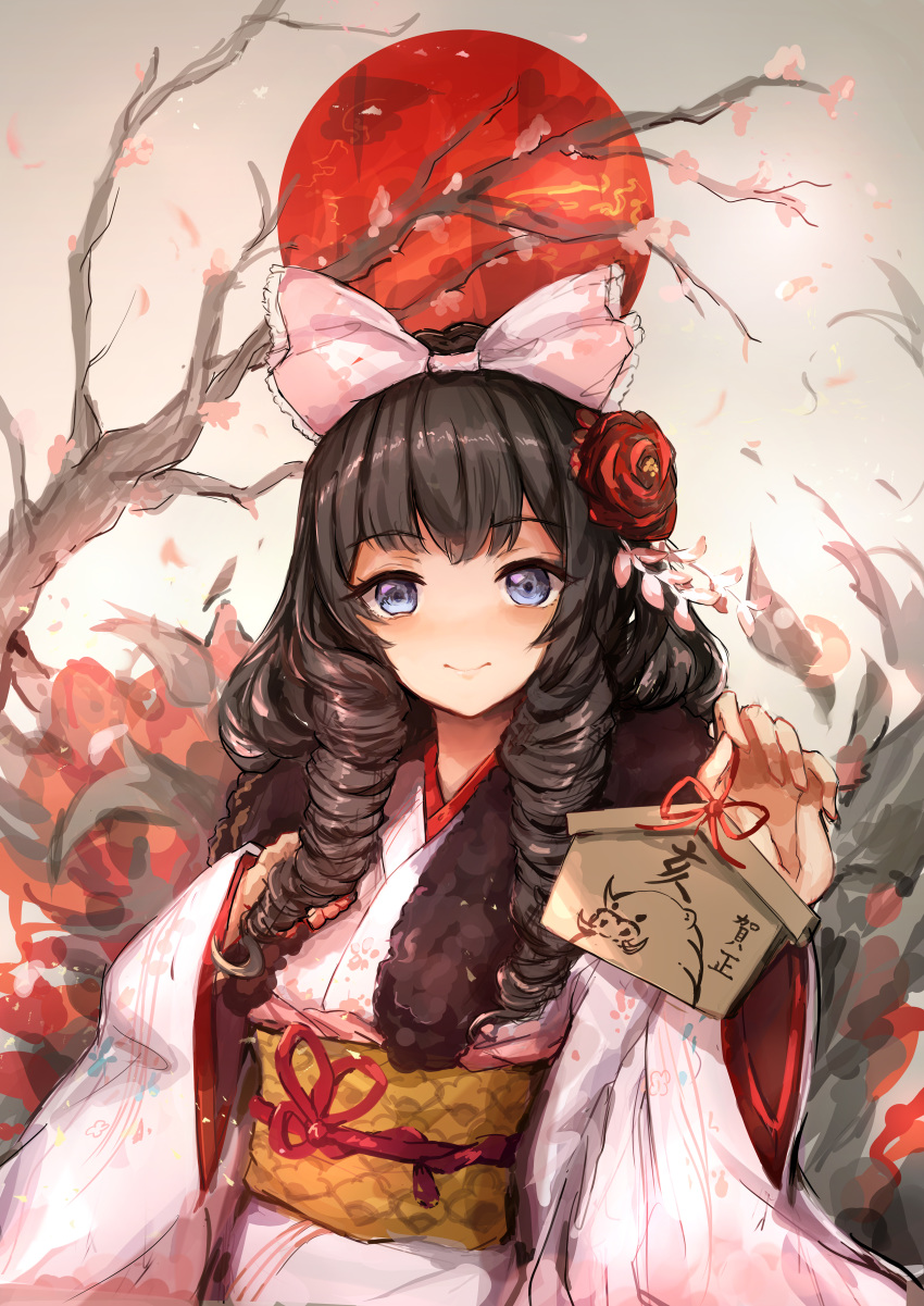 absurdres black_hair blue_eyes blush bow branch cherry_blossoms closed_mouth commentary_request drill_hair ema female flower girls'_frontline hair_flower hair_ornament hair_ribbon hand_on_own_chest hands_up highres holding howa_type_64_(girls'_frontline) howa_type_64_(new_year_wish)_(girls'_frontline) japanese_clothes japanese_flag kimono long_hair obi official_alternate_costume petals photoshop_(medium) pink_bow pink_kimono ribbon sash sidelocks smile solo tree trrcmb upper_body