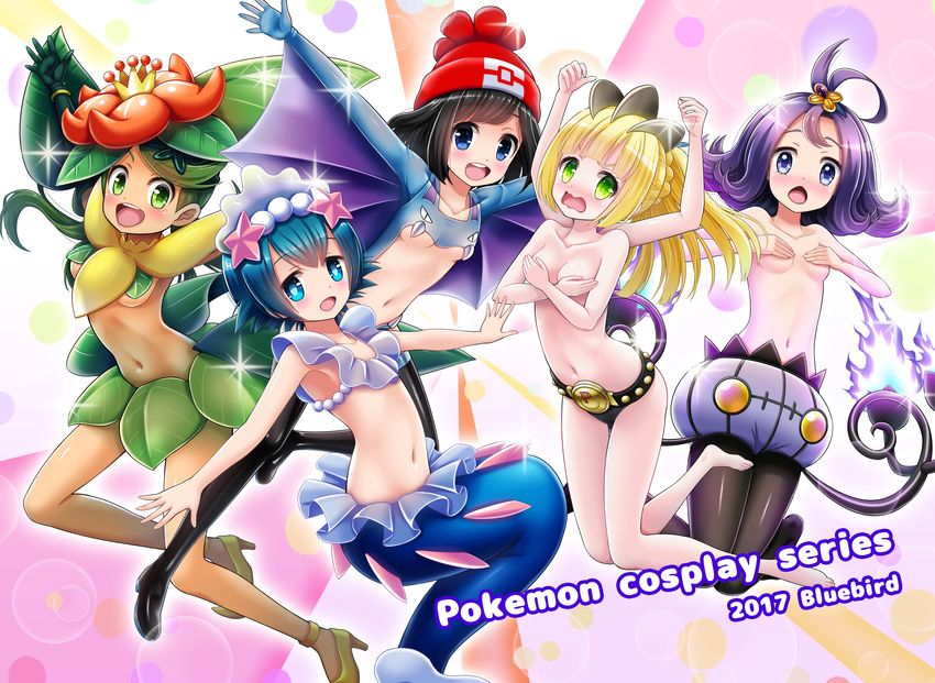 5girls absurdres acerola_(pokemon) alternate_costume artist_name barefoot beanie bluebird_(bluebird90) blush breasts chandelure chandelure_(cosplay) commentary_request copyright_name cosplay covering_breasts covering_privates dark-skinned_female dark_skin flower golbat golbat_(cosplay) green_eyes green_hair hair_flower hair_ornament hat high_heels highres lana_(pokemon) lillie_(pokemon) lilligant lilligant_(cosplay) long_hair machamp machamp_(cosplay) mallow_(pokemon) multiple_girls open_mouth pantyhose photoshop_(medium) pokemon pokemon_sm primarina primarina_(cosplay) red_hat selene_(pokemon) small_breasts sparkle topless underboob