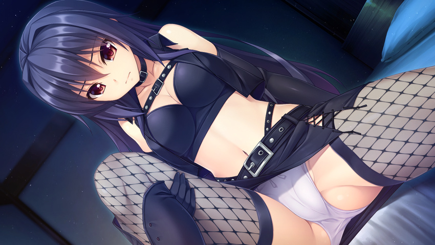 akizora_momiji arm_support belt black_legwear black_skirt black_thighhighs bllack_hair closed_mouth collar collarbone female female fishnets game_cg kisaragi_reina leg_up long_hair looking_at_viewer midriff multiple_belts navel panties red_eyes sitting skirt solo teaka_mamire_no_tenshi thighhighs white_panties