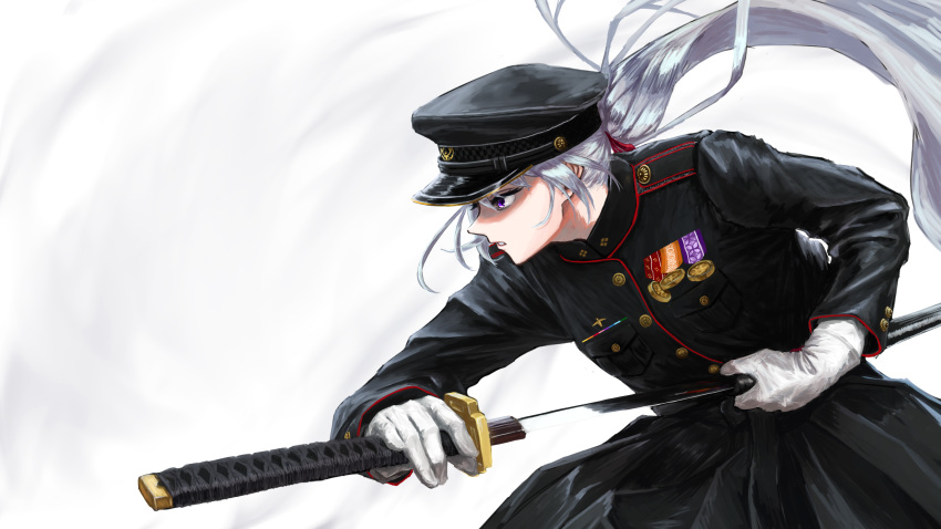 746kuchiku absurdres black_hat commentary_request female hat highres higuchi_kaede higuchi_kaede_(8th_costume) holding holding_sword holding_weapon katana long_hair medal military military_hat military_uniform nijisanji ponytail purple_eyes sheath simple_background solo sword uniform unsheathing very_long_hair virtual_youtuber weapon white_background white_hair