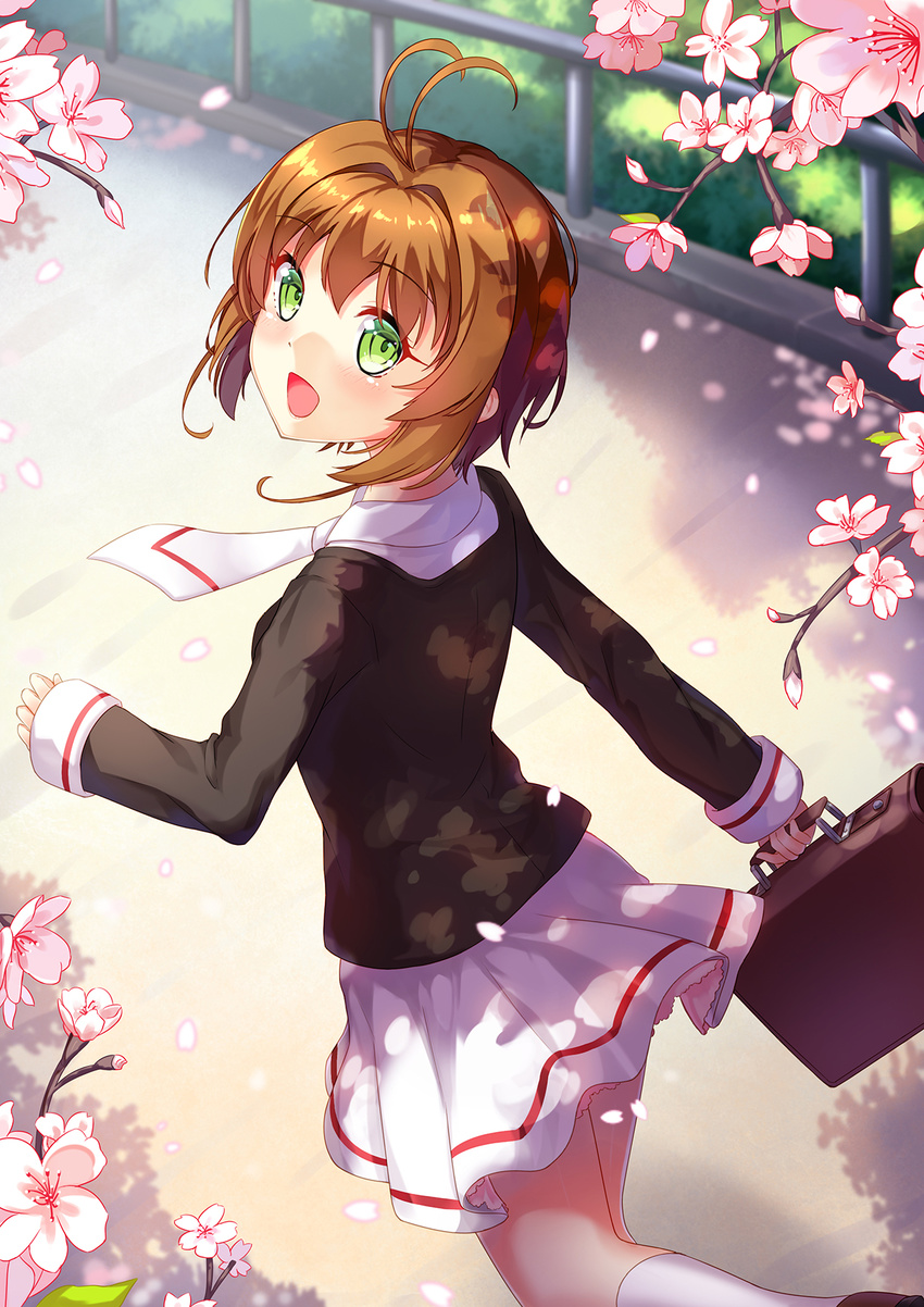 antenna_hair briefcase brown_hair cardcaptor_sakura cherry_blossoms commentary female green_eyes hair_bobbles hair_ornament highres kinomoto_sakura ldfe_mk2 looking_back looking_up no_headwear open_mouth photoshop_(medium) school_uniform short_hair solo symbol-only_commentary tomoeda_middle_school_uniform