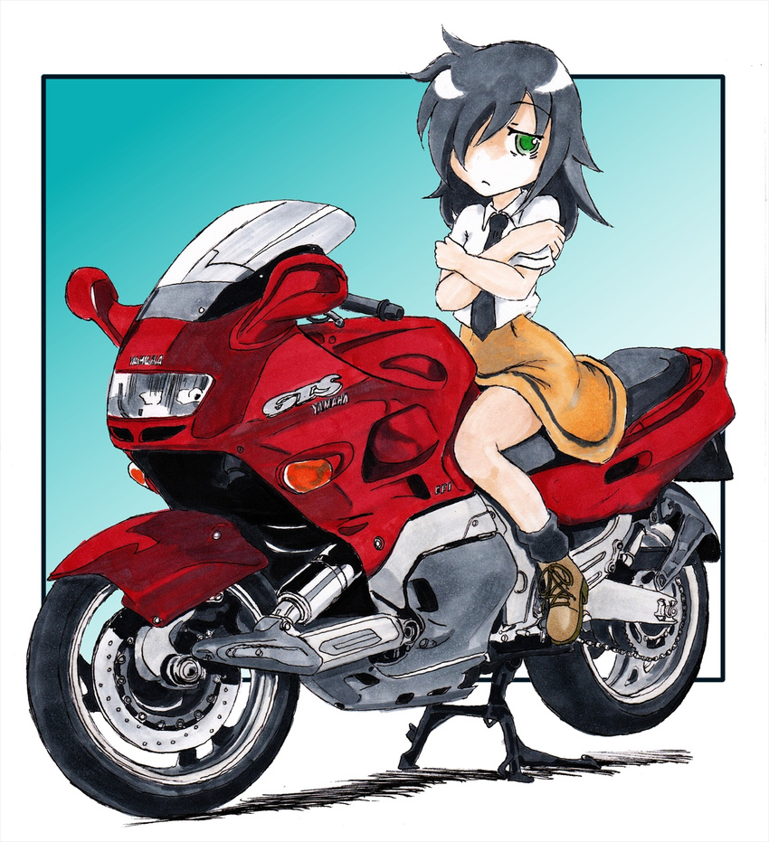 bike black_hair border gradient gradient_background green_eyes hair_over_one_eye kuroki_tomoko motorbike motorcycle nishimiya_makoto shoes skirt solo watashi_ga_motenai_no_wa_dou_kangaetemo_omaera_ga_warui! yamaha