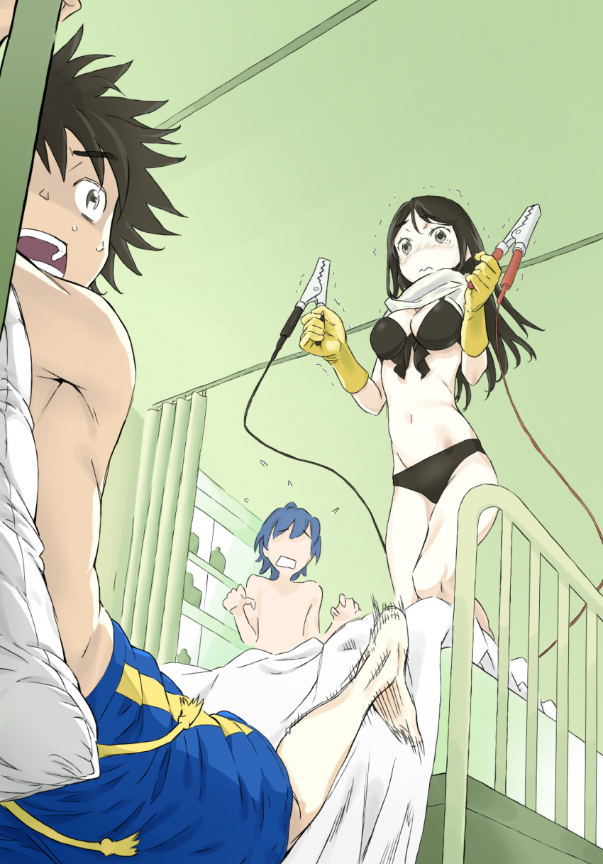 2boys aogami_pierce bad_id bad_pixiv_id bikini black_bikini black_hair blue_hair blush breasts brown_eyes cleavage colorized female floating_hair from_below fukiyose_seiri gloves groin haimura_kiyotaka highres holding indoors kamijou_touma large_breasts long_hair multiple_boys navel novel_illustration official_art open_mouth polaris55740 scarf spiked_hair standing sweatdrop swimsuit toaru_majutsu_no_index toaru_majutsu_no_index:_new_testament what white_scarf yellow_gloves