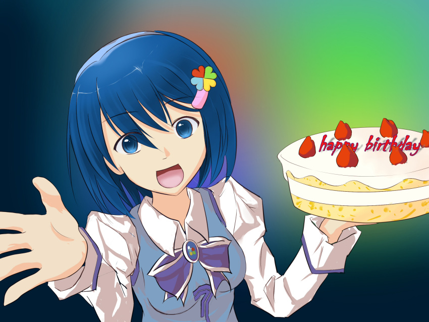 7 7-tan blue_eyes blue_hair bow breasts cake food highres madobe_nanami os os-tan small_breasts windows_7