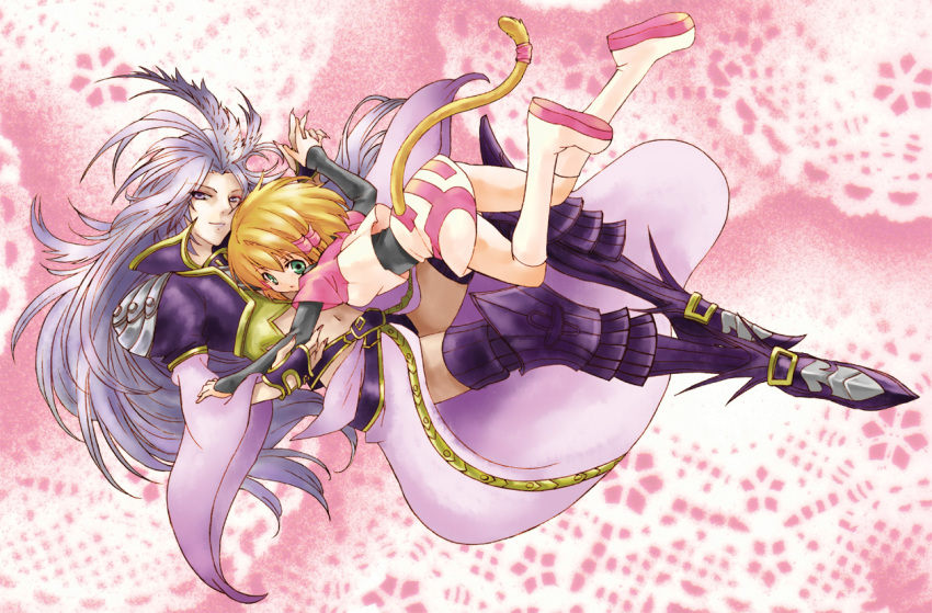 1boy bad_id bad_pixiv_id blonde_hair boots brother_and_sister female final_fantasy final_fantasy_ix green_eyes grey_hair hair_tubes holding_hands hug knee_boots kuja long_hair mali midriff mikoto_(ff9) pink_background purple_footwear purple_legwear siblings skirt smile tail thigh_boots thighhighs