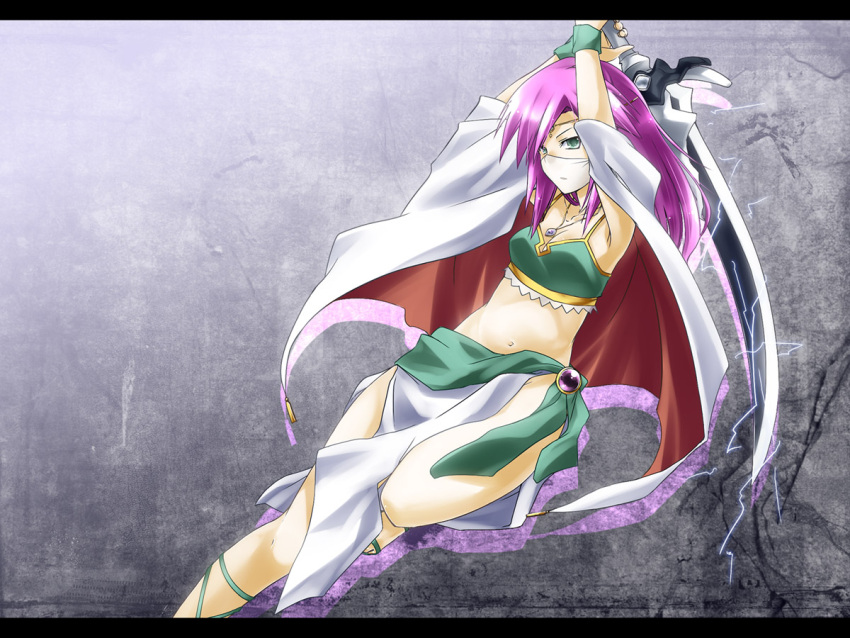 armpits arms_up bare_shoulders commentary_request crop_top faris_scherwiz female final_fantasy final_fantasy_5 green_eyes letterboxed long_hair mask midriff mouth_mask mouth_veil mystic_knight navel photoshop_(medium) purple_hair solo sword veil weapon yuuki_eishi