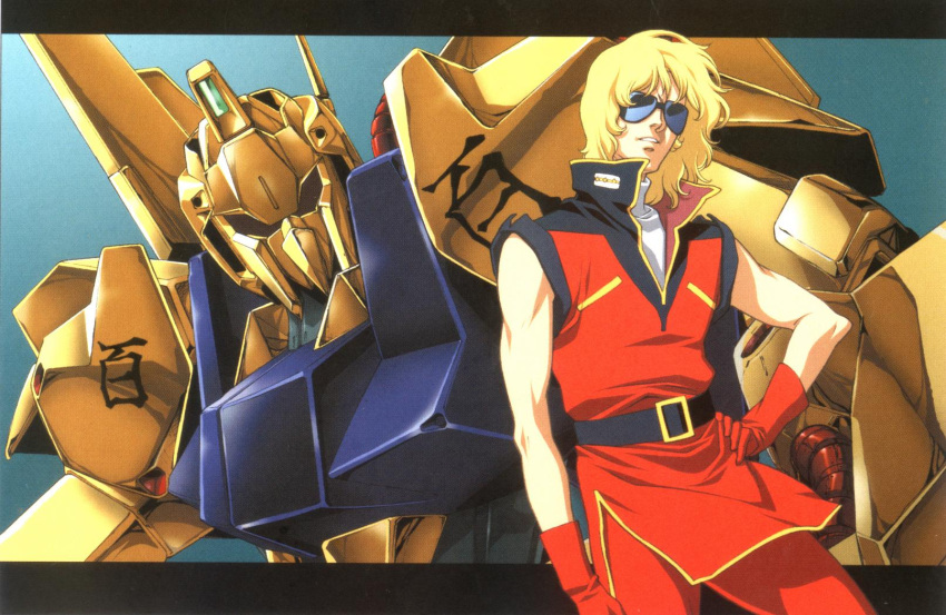 blonde_hair char_aznable gloves gundam hand_on_hip highres hyaku_shiki mecha quattro_bajeena quattro_vageena sunglasses zeta_gundam