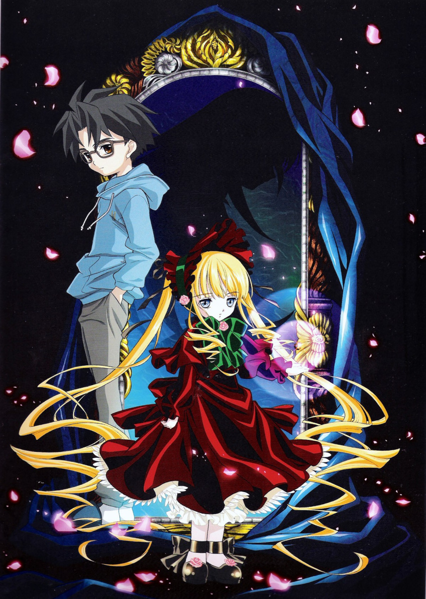 black_hair blonde_hair blue_eyes brown_eyes drill_hair flower glasses highres long_hair petals ribbon ribbons rose roses rozen_maiden sakurada_jun scan shinku twintails