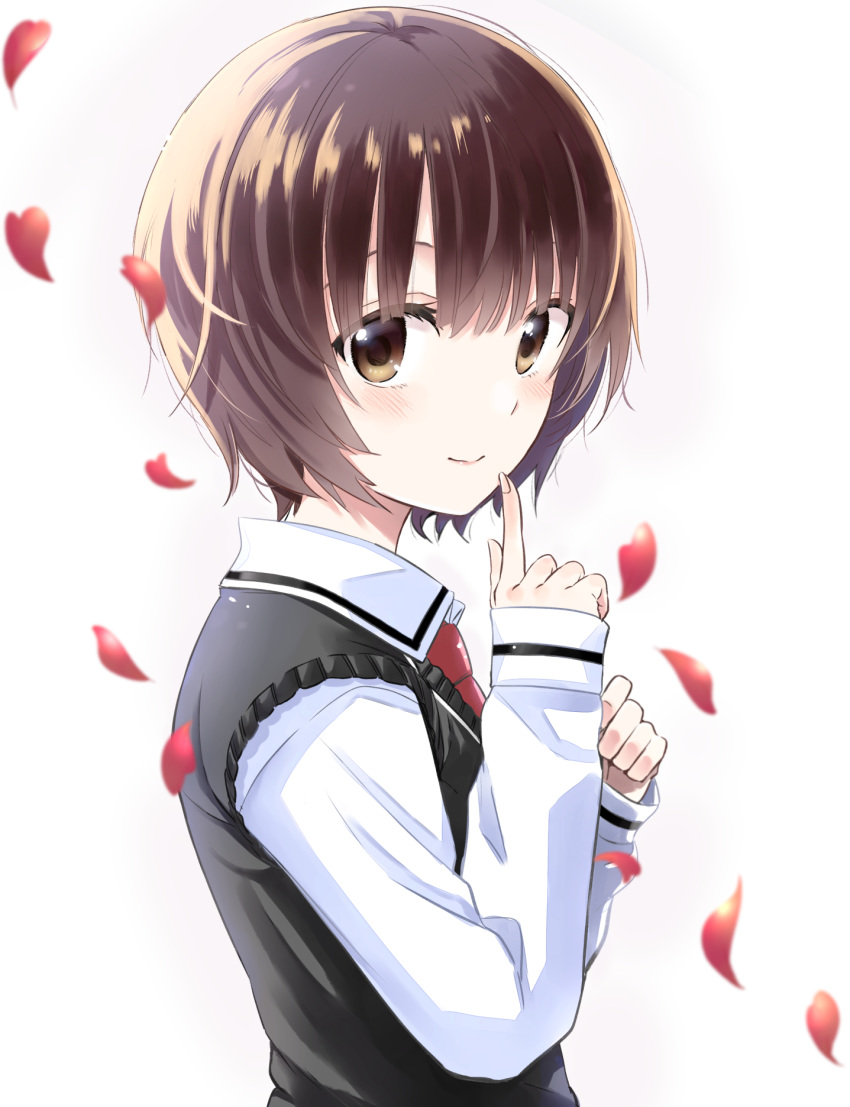 blush brown_eyes brown_hair commentary crossdressing dahlia_academy_boarding_school_uniform falling_petals female finger_to_mouth fingernails from_side hands_up heart-shaped_petals highres index_finger_raised juliet_persia julio_(kishuku_gakkou_no_juliet) kishuku_gakkou_no_juliet long_sleeves looking_at_viewer looking_to_the_side natsupa necktie petals red_necktie school_uniform shirt short_hair sleeves_past_wrists smile solo sweater_vest upper_body white_shirt