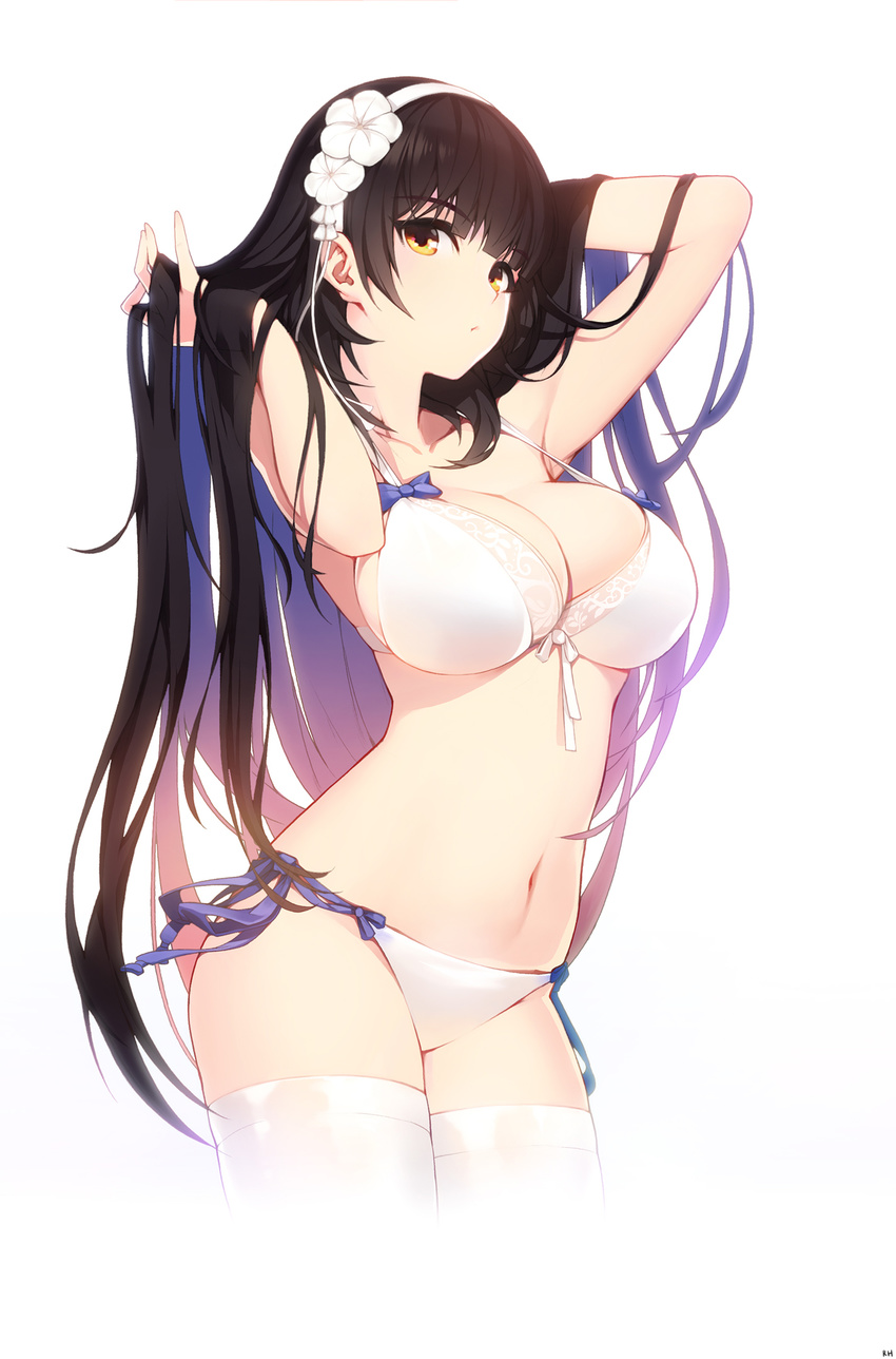 arms_up bikini black_hair blunt_bangs breasts cleavage commentary cowboy_shot female flower front-tie_bikini_top front-tie_top girls'_frontline hair_flower hair_flowing_over hair_lift hair_ornament hairband highres large_breasts long_hair looking_at_viewer navel official_alternate_costume photoshop_(medium) rheez side-tie_bikini_bottom simple_background solo strap_gap swimsuit thighhighs type_95_(girls'_frontline) type_95_(summer_cicada)_(girls'_frontline) very_long_hair white_background white_bikini white_thighhighs yellow_eyes