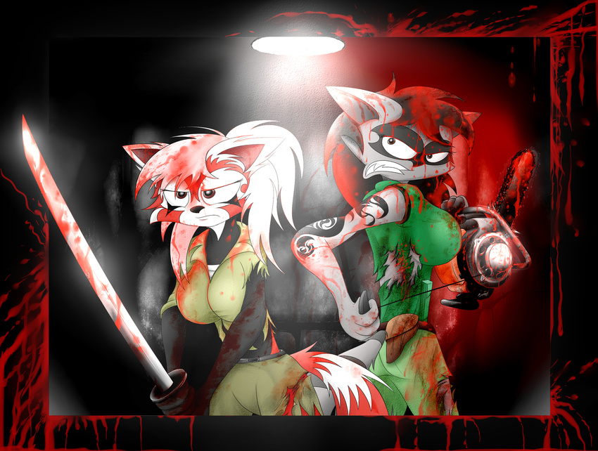 ailurid anthro blood bodily_fluids chainsaw duo gonein10seconds hi_res katana mammal melee_weapon military power_tool procyonid raccoon red_panda saya shelby soldier sword tattoo tools warrior weapon