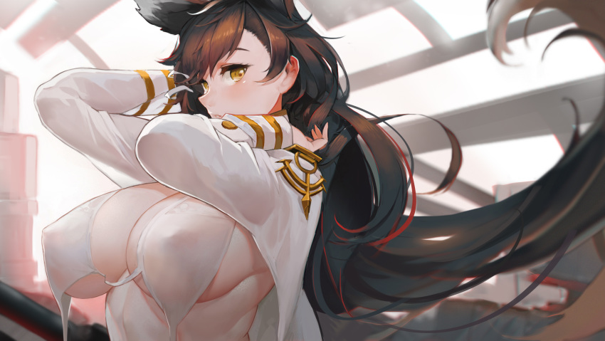 absurdres animal_ears arms_behind_head atago_(azur_lane) azur_lane bad_anatomy bangs black_hair blush bra breasts brown_eyes commentary_request covered_nipples day extra_ears eyebrows_visible_through_hair floating_hair hair_ornament hair_ribbon highres indoors jacket large_breasts long_hair looking_at_viewer military military_uniform mole mole_under_eye open_clothes open_jacket pandea_work ribbon solo underwear uniform untied_bra white_bra