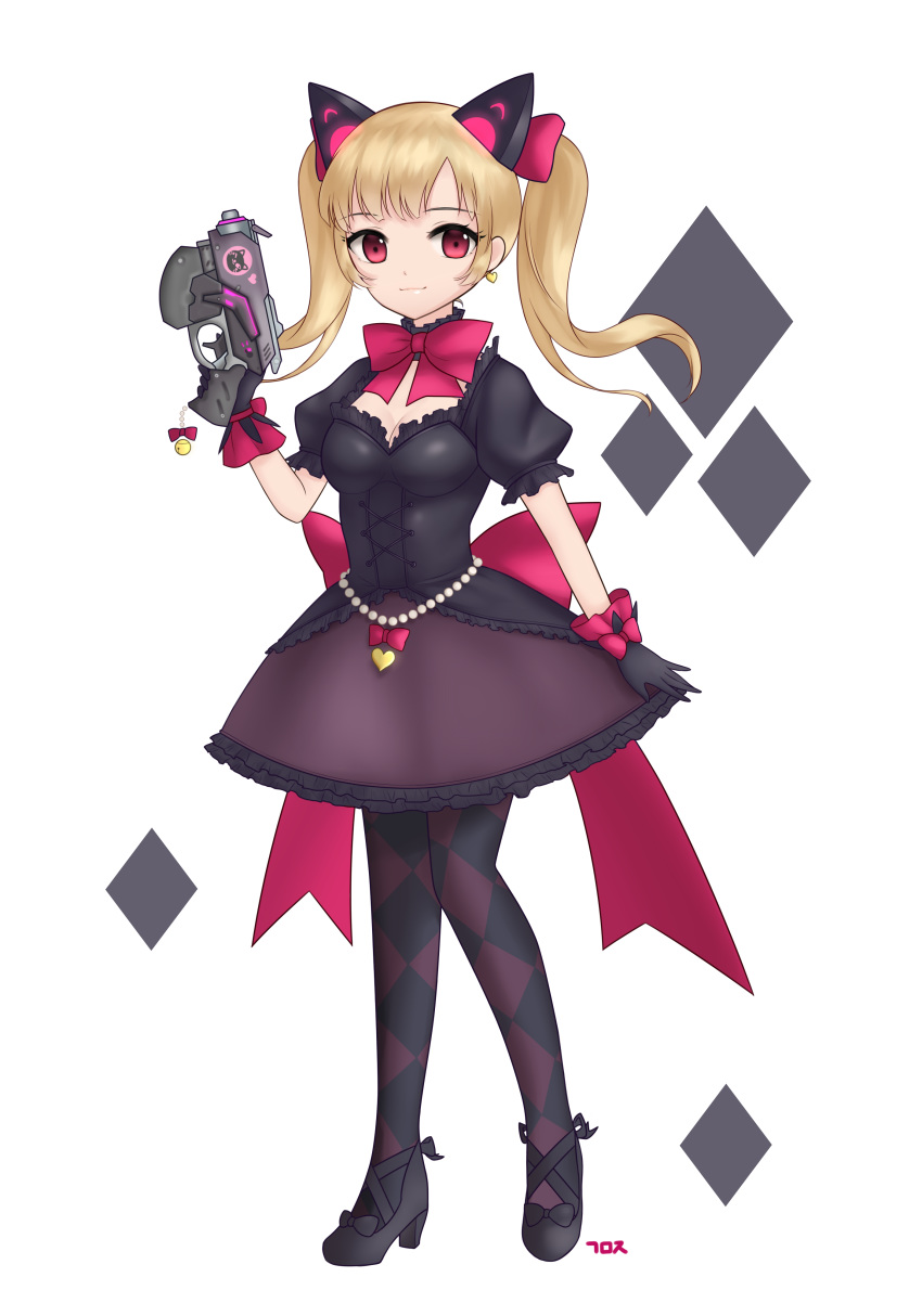 absurdres animal_ears argyle_clothes argyle_legwear bad_id bad_pixiv_id bell black_cat_d.va black_dress black_footwear black_gloves blonde_hair bow bowtie breasts cat_ears charm_(object) cleavage corset d.va_(overwatch) dress earrings female frilled_dress frills full_body gamoja gloves gun handgun heart heart_earrings high_heels highres holding holding_gun holding_weapon jewelry jingle_bell large_bow light_smile lolita_fashion looking_at_viewer medium_breasts medium_hair official_alternate_costume overwatch overwatch_1 pantyhose pink_bow puffy_short_sleeves puffy_sleeves purple_skirt red_eyes short_sleeves signature simple_background skirt solo twintails weapon white_background