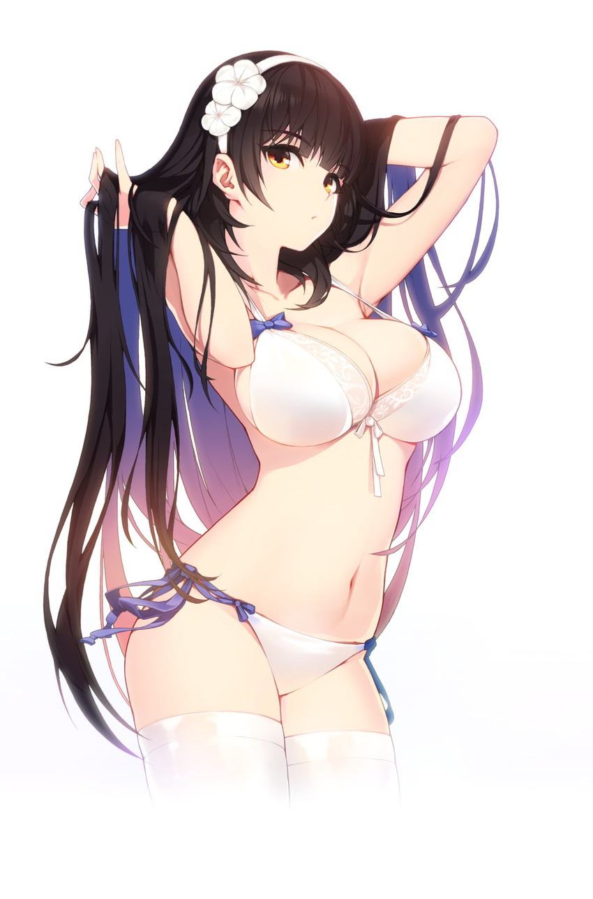 arms_up bad_id bad_twitter_id bikini black_hair blunt_bangs breasts cleavage commentary cowboy_shot female flower front-tie_bikini_top front-tie_top girls'_frontline hair_flower hair_lift hair_ornament hairband highres large_breasts long_hair looking_at_viewer navel official_alternate_costume rheez side-tie_bikini_bottom simple_background solo strap_gap swimsuit thighhighs type_95_(girls'_frontline) type_95_(summer_cicada)_(girls'_frontline) very_long_hair white_background white_bikini white_thighhighs yellow_eyes