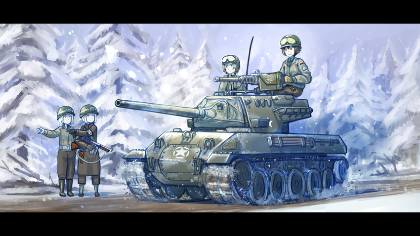 4girls battle_of_the_bulge blonde_hair blue_eyes brown_eyes brown_hair browning_m2 combat_helmet commentary erica_(naze1940) goggles goggles_on_head gun heavy_machine_gun helmet highres letterboxed leyna_koch m18_hellcat m1_helmet machine_gun military military_uniform military_vehicle motor_vehicle multiple_girls original pointing short_hair siege_of_bastogne snow snowing soldier submachine_gun tank tank_destroyer thompson_submachine_gun tree uniform weapon winter winter_clothes world_war_ii