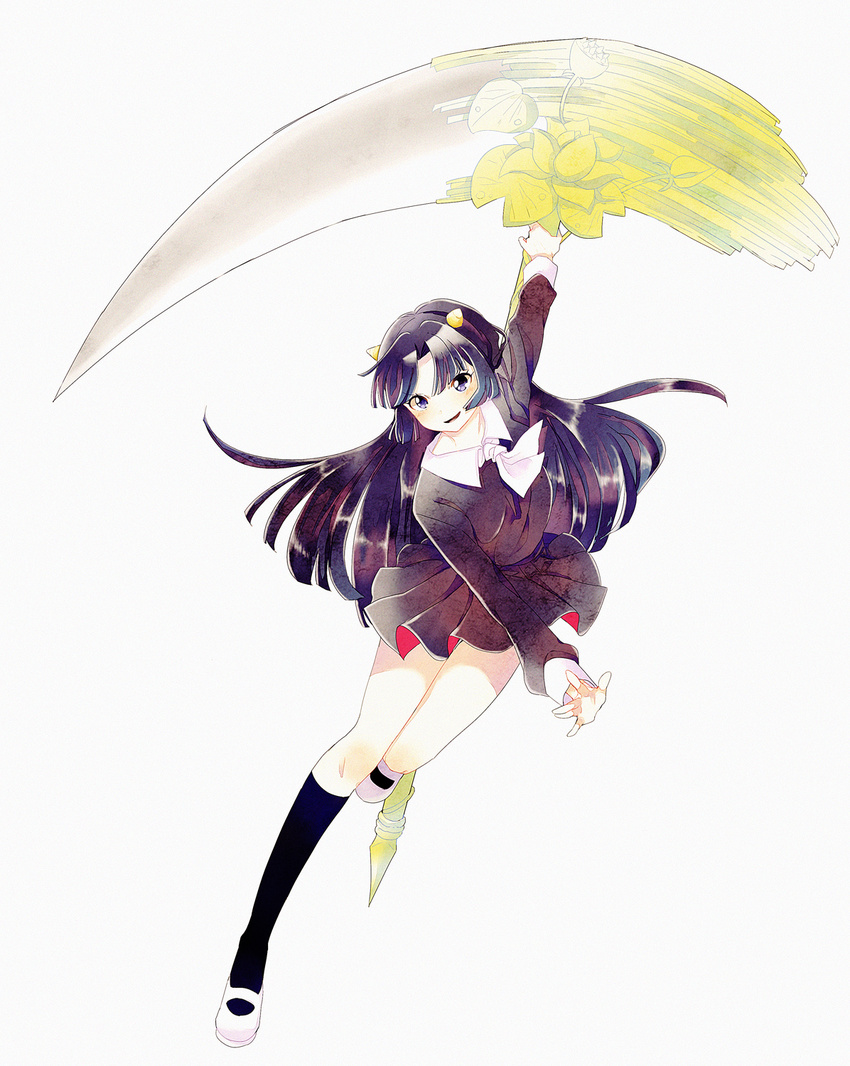 black_hair blue_eyes blush breasts female hair_ornament kyoukai_no_rinne open_mouth scythe shima_renge shoes skirt socks weapon