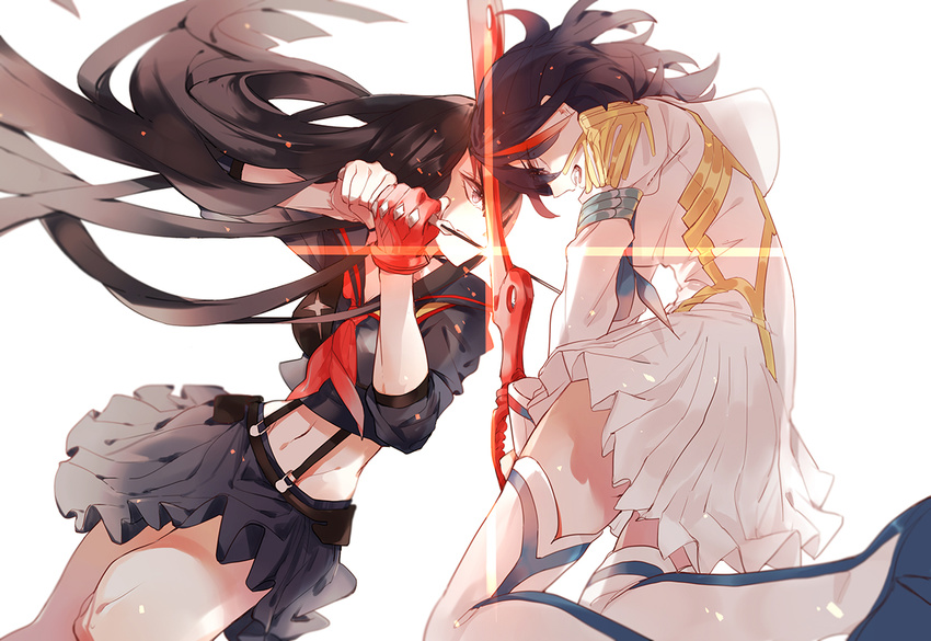 2girls battle black_hair blue_eyes boots clash commentary_request duel epaulettes junketsu kill_la_kill kiryuuin_satsuki long_hair matoi_ryuuko midriff multicolored_hair multiple_girls navel photoshop_(medium) qinnye red_hair school_uniform scissor_blade_(kill_la_kill) senketsu short_hair skirt spoilers suspenders sword sword_clash thigh_boots thighhighs two-tone_hair weapon