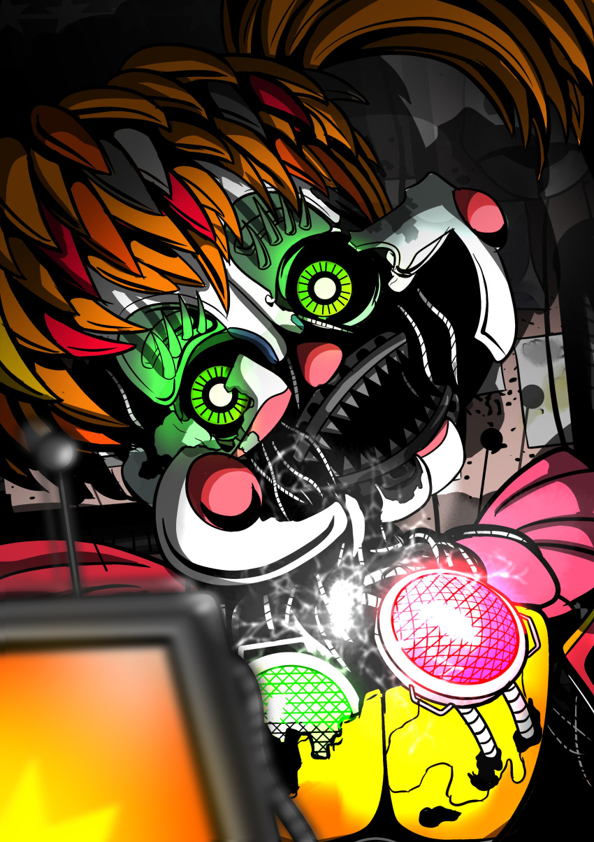 2018 absurd_res animatronic creepy digital_media_(artwork) female five_nights_at_freddy's freddy_fazbear's_pizzeria_simulator glowing glowing_eyes hi_res humanoid looking_at_viewer machine not_furry robot scottgames scrap_baby_(fnaf) shu_20625 simple_background solo