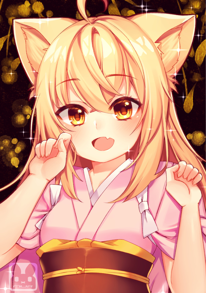 absurdres animal_ears arms_up blonde_hair commentary commission english_commentary female highres japanese_clothes kimono konohana_kitan looking_at_viewer murmoruno obi oerba_yun_fang sash smile solo tasuki upper_body yellow_eyes yukata yuzu_(konohana_kitan)