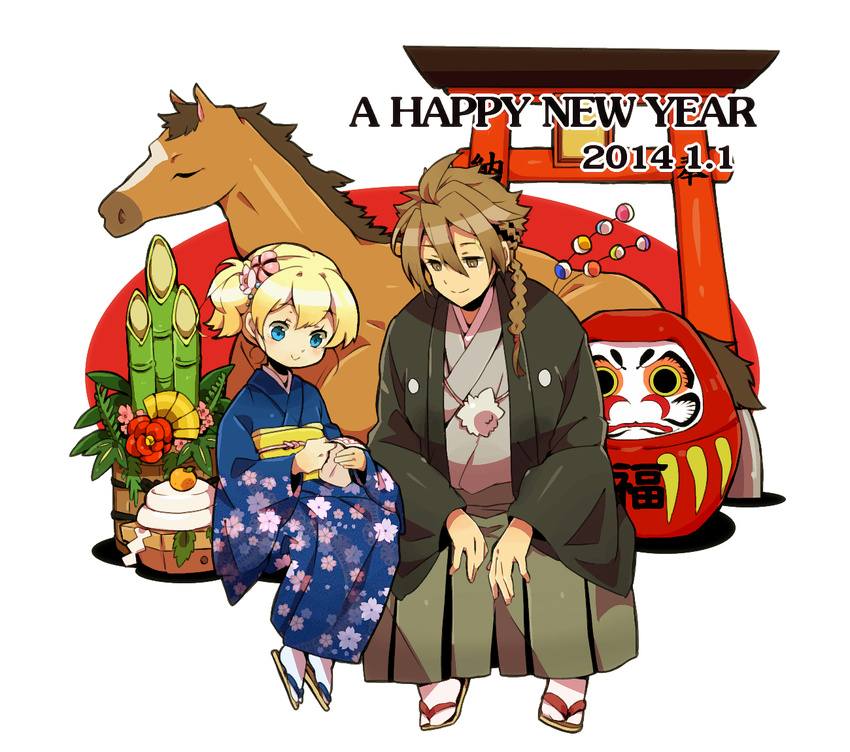 1boy bamboo blonde_hair blue_eyes brown_eyes brown_hair chinese_zodiac commentary_request female frederica_irving haruyasai_(sanbunno) highlander_(sekaiju) horse japanese_clothes kadomatsu kagami_mochi nengajou new_year sekaiju_no_meikyuu shin_sekaiju_no_meikyuu torii year_of_the_horse